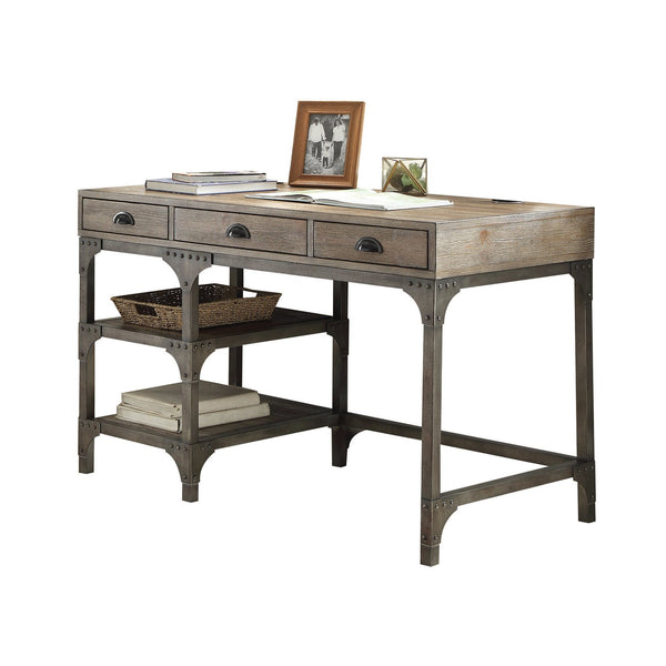 English Elm Weathered modern writing desk with metal iron legs, 3 drawers, spacious 47" workspace in oak finish B062P215483