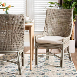 Baxton Studio bali Bali Bella Rattan Dining Chair - Handwoven Coastal Boho Accent Chair with Cushion & High Backrest Bella-French Grey/Rattan-DC