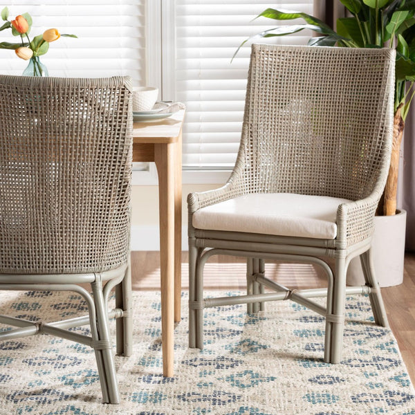 Baxton Studio bali Bali Bella Rattan Dining Chair - Handwoven Coastal Boho Accent Chair with Cushion & High Backrest Bella-French Grey/Rattan-DC