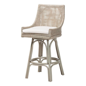 Baxton Studio bali Bali Bella Rattan Swivel Bar Stool with Cushion - Handwoven Coastal Chair for Dining & Relaxation Bella-French Grey/Rattan-BS