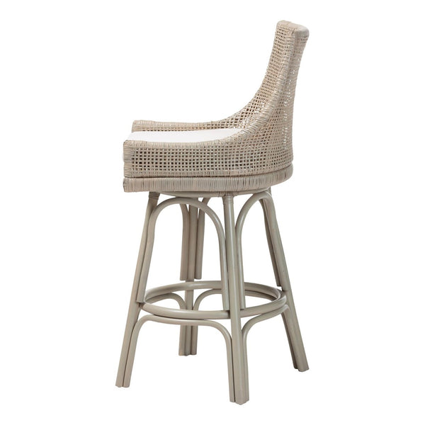 Baxton Studio bali Bali Bella Rattan Swivel Bar Stool with Cushion - Handwoven Coastal Chair for Dining & Relaxation Bella-French Grey/Rattan-BS