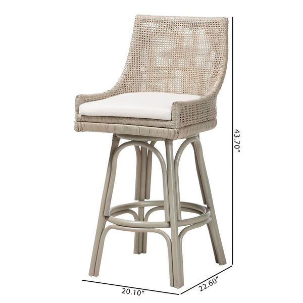 Baxton Studio bali Bali Bella Rattan Swivel Bar Stool with Cushion - Handwoven Coastal Chair for Dining & Relaxation Bella-French Grey/Rattan-BS