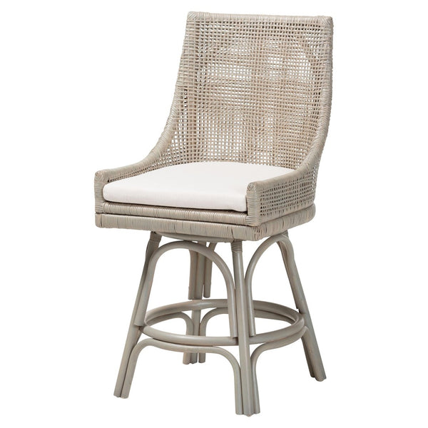 Baxton Studio bali Bella Swivel Rattan Counter Stool – Handwoven Kitchen Island Seating with Cushion & Footrests Bella-French Grey/Rattan-CS