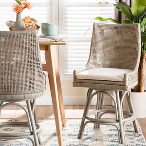 Baxton Studio bali Bella Swivel Rattan Counter Stool – Handwoven Kitchen Island Seating with Cushion & Footrests Bella-French Grey/Rattan-CS