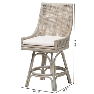Baxton Studio bali Bella Swivel Rattan Counter Stool – Handwoven Kitchen Island Seating with Cushion & Footrests Bella-French Grey/Rattan-CS