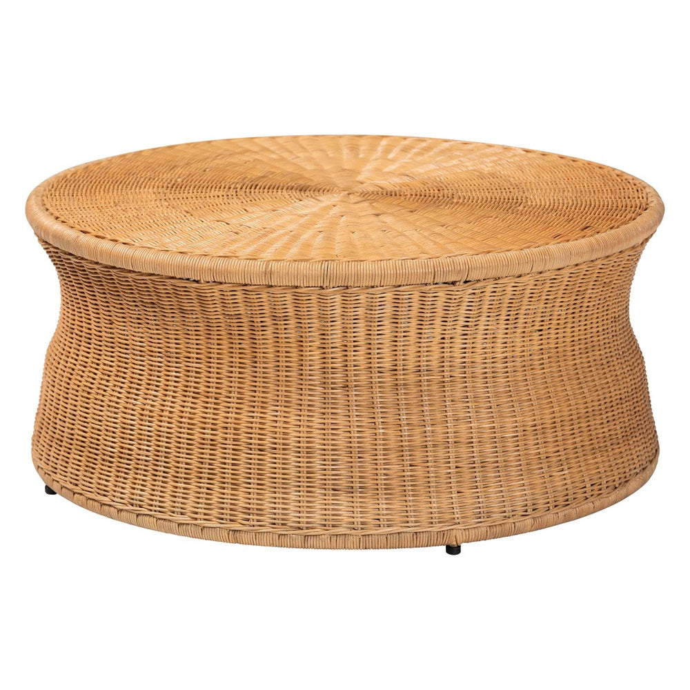 Baxton Studio bali Caroline Round Natural Rattan Coffee Table - Handcrafted Drum Accent for Living Room & Sunroom Charlote-Light Honey Rattan-Large-CT