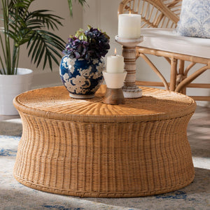 Baxton Studio bali Caroline Round Natural Rattan Coffee Table - Handcrafted Drum Accent for Living Room & Sunroom Charlote-Light Honey Rattan-Large-CT