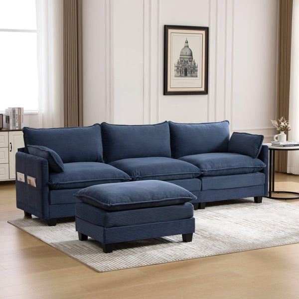 English Elm United We Win Modular Corduroy Sectional with Ottoman Low Profile Living Room Couch Navy W1568S00261