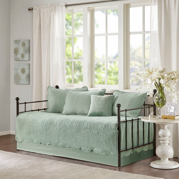 JLA Home Madison Park - 6 Piece Scalloped Daybed Cover Set with Embroidered Pillow, Antimicrobial Finish, Twin Fit Elegance Seafoam MP13-6464