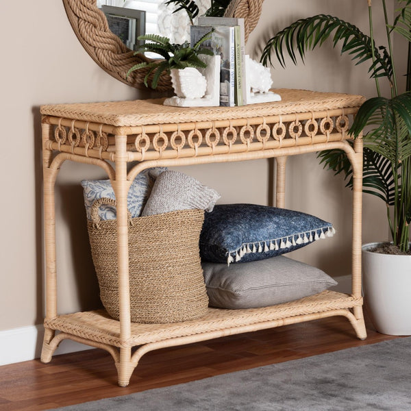 Baxton Studio bali Oxford Braided Natural Rattan Console Table – Chic Coastal Boho Entryway Accent with Open Shelf WS120-Natural-Rattan-Console Table