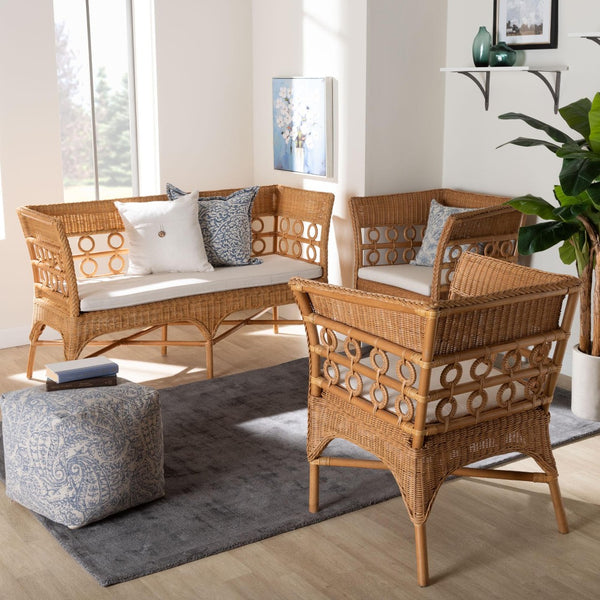 Baxton Studio bali Bali Oxford Bohemian Rattan 3-Piece Living Room Chair Set with Cushions – Handcrafted & Stylish Oxford-Light Honey Rattan-3PC Set
