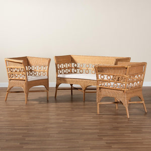 Baxton Studio bali Bali Oxford Bohemian Rattan 3-Piece Living Room Chair Set with Cushions – Handcrafted & Stylish Oxford-Light Honey Rattan-3PC Set