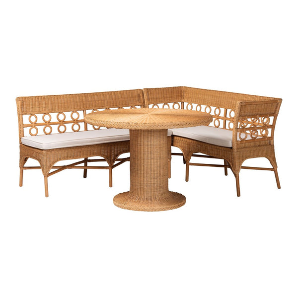 Baxton Studio bali Bali Monica Bohemian 3-Piece Rattan Dining Nook Set – Handcrafted Sunlit Elegance for Cozy Meals Monica-3PC Dining Nook Set