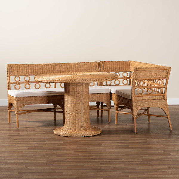Baxton Studio bali Bali Monica Bohemian 3-Piece Rattan Dining Nook Set – Handcrafted Sunlit Elegance for Cozy Meals Monica-3PC Dining Nook Set