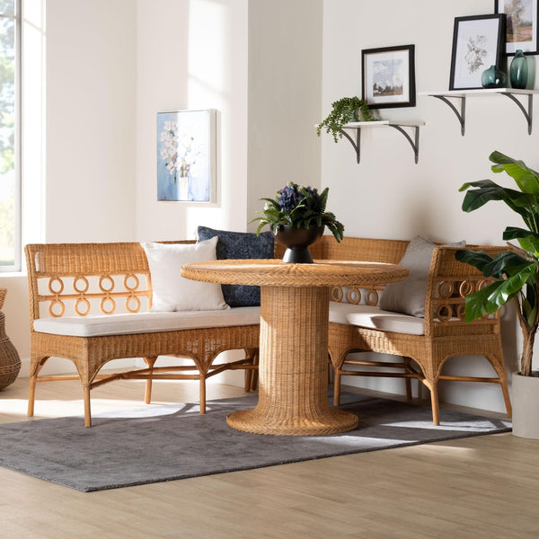 Baxton Studio bali Bali Monica Bohemian 3-Piece Rattan Dining Nook Set – Handcrafted Sunlit Elegance for Cozy Meals Monica-3PC Dining Nook Set