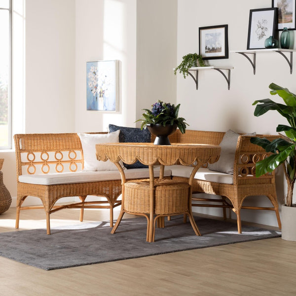 Baxton Studio bali Matilde Bohemian 3-Piece Dining Nook Set - Handcrafted Light Honey Rattan with Unique Design Matilde-3PC Dining Nook Set