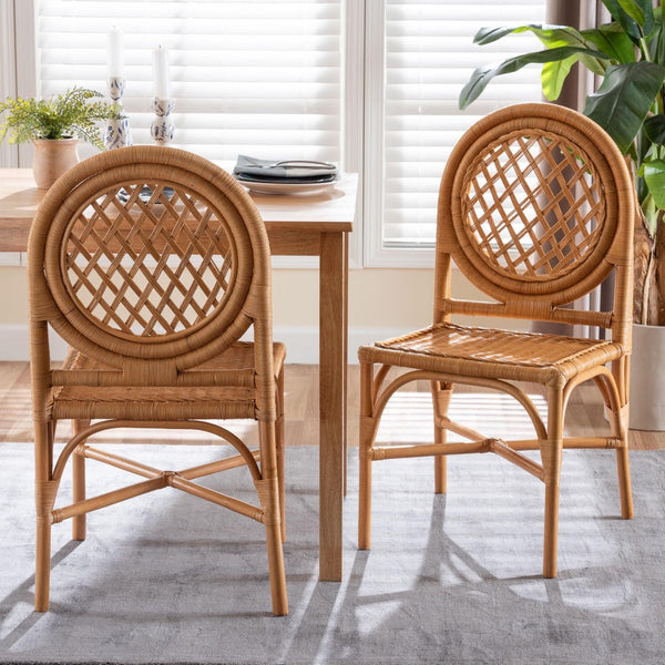 Baxton Studio bali Oxford Round Back Rattan Dining Chair Set of 2 - Handcrafted Eco-Friendly Cane Chairs for Boho Spaces Oxford-Light Honey Rattan-DC