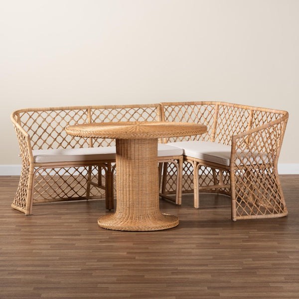 Baxton Studio bali Ellard Bohemian Light Honey Rattan 3-Piece Dining Nook Set – Cozy, Handcrafted & Fully Assembled! Aysi/Braided-3PC Dining Set