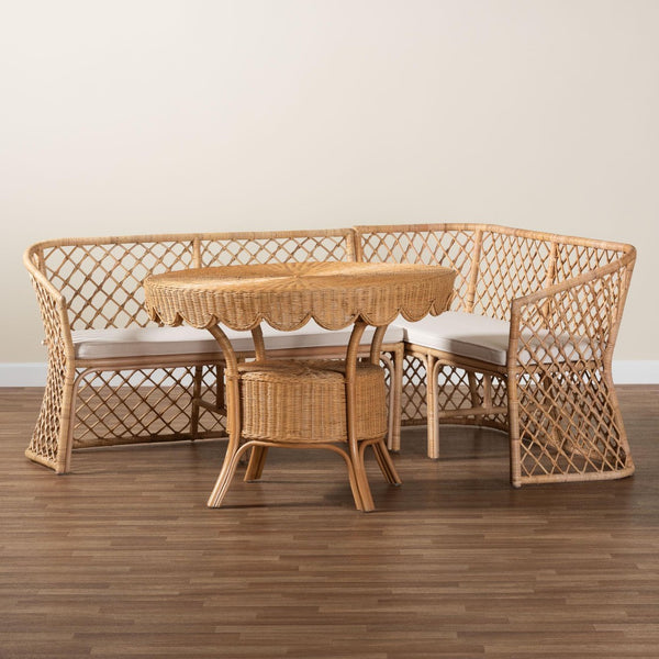 Baxton Studio bali Frayne Bohemian Light Honey Rattan 3-Piece Dining Nook Set - Stylish, Sustainable & Cozy Design Aysi/Palm Short-3PC Dining Set