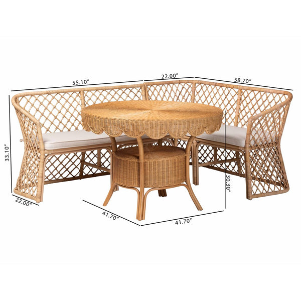 Baxton Studio bali Frayne Bohemian Light Honey Rattan 3-Piece Dining Nook Set - Stylish, Sustainable & Cozy Design Aysi/Palm Short-3PC Dining Set