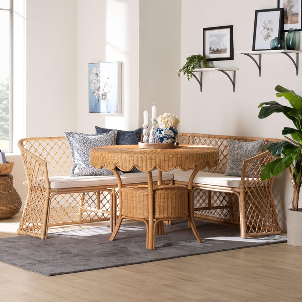 Baxton Studio bali Frayne Bohemian Light Honey Rattan 3-Piece Dining Nook Set - Stylish, Sustainable & Cozy Design Aysi/Palm Short-3PC Dining Set
