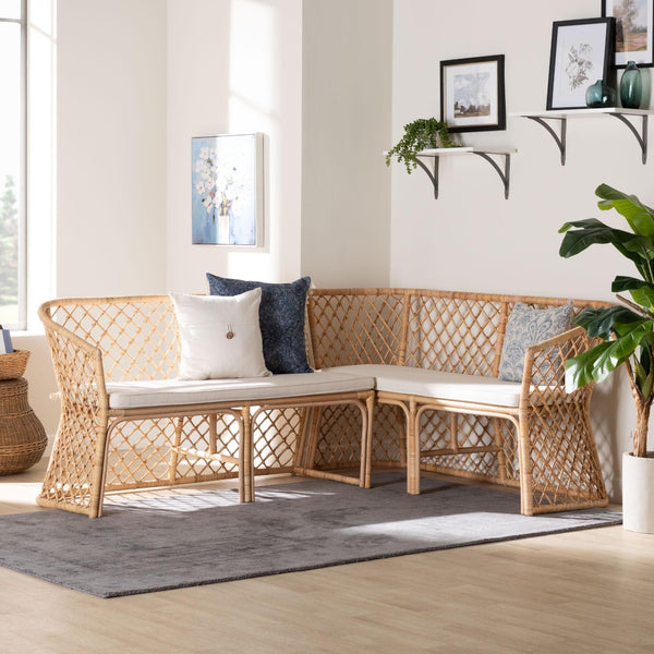 Baxton Studio bali Bali Aysi Bohemian Light Honey Rattan 2-Piece Dining Nook Bench Set for Cozy, Stylish Comfort Aysi-Light Honey Rattan-2PC Bench Set