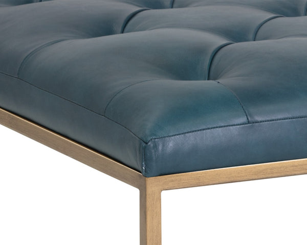 Sunpan ENDALL Ottoman - Luxurious Top-Grain Leather with Antique Brass Base for Elegant Living Spaces Teal 104086