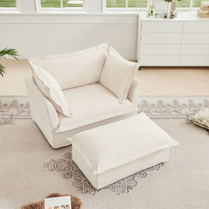 English Elm Upholstered Slipcovered Armchair & Ottoman Set, Soft Chenille Cream Chairs With Cozy Pillows For Relaxation W3041S00001-GIGA