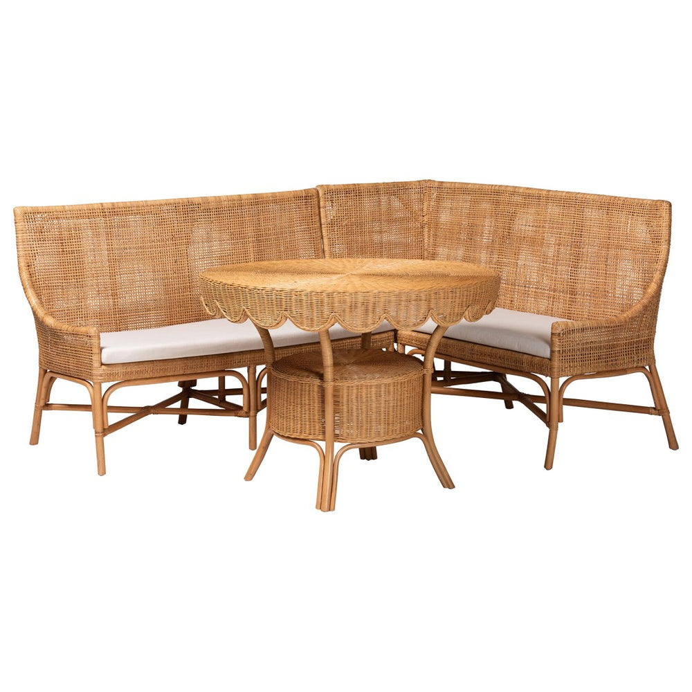 Baxton Studio bali Bali Olivera Bohemian Dining Nook Set - Handcrafted Rattan 3-Piece Cozy Corner for Casual Meals Baako/Palm Short-3PC Dining Set