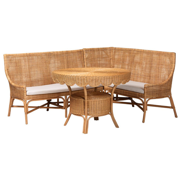 Baxton Studio bali Bali Olivera Bohemian Dining Nook Set - Handcrafted Rattan 3-Piece Cozy Corner for Casual Meals Baako/Palm Short-3PC Dining Set