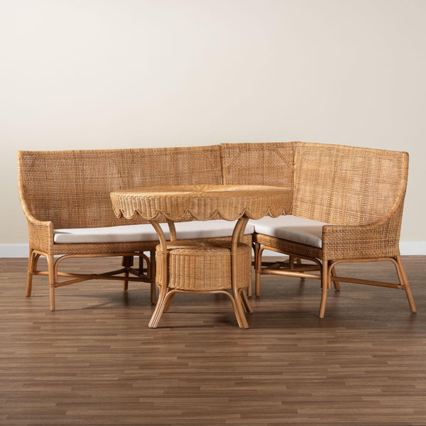 Baxton Studio bali Bali Olivera Bohemian Dining Nook Set - Handcrafted Rattan 3-Piece Cozy Corner for Casual Meals Baako/Palm Short-3PC Dining Set
