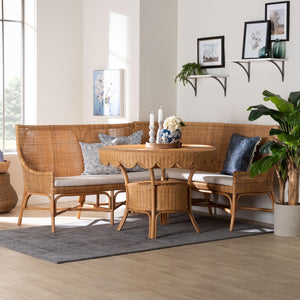 Baxton Studio bali Bali Olivera Bohemian Dining Nook Set - Handcrafted Rattan 3-Piece Cozy Corner for Casual Meals Baako/Palm Short-3PC Dining Set
