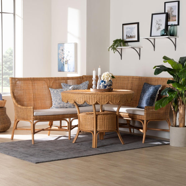 Baxton Studio bali Bali Olivera Bohemian Dining Nook Set - Handcrafted Rattan 3-Piece Cozy Corner for Casual Meals Baako/Palm Short-3PC Dining Set