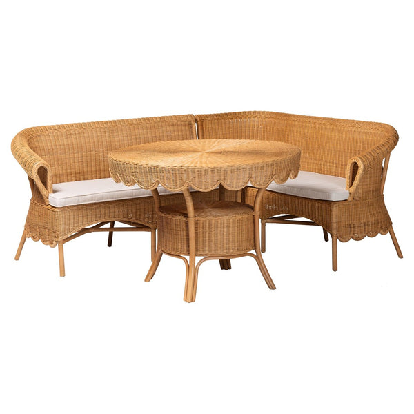 Baxton Studio bali Bali Keitha Bohemian Rattan 3-Piece Dining Nook Set - Handcrafted Comfort for Cozy Spaces Tamara/Palm Short-3PC Dining Set