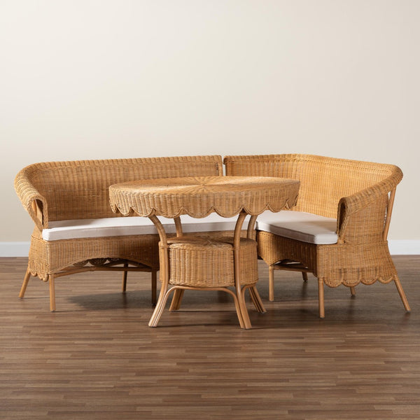 Baxton Studio bali Bali Keitha Bohemian Rattan 3-Piece Dining Nook Set - Handcrafted Comfort for Cozy Spaces Tamara/Palm Short-3PC Dining Set