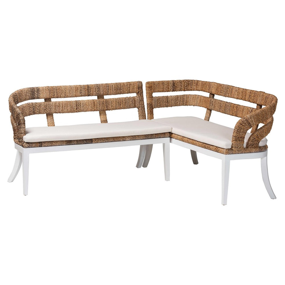 Baxton Studio bali Ubud Seagrass Dining Nook Set - Handcrafted Mahogany Corner Bench with Plush Cushions, 2-Piece Ubud-Natural Seagrass Rattan-2PC Bench Set