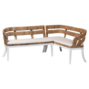 Baxton Studio bali Ubud Seagrass Dining Nook Set - Handcrafted Mahogany Corner Bench with Plush Cushions, 2-Piece Ubud-Natural Seagrass Rattan-2PC Bench Set