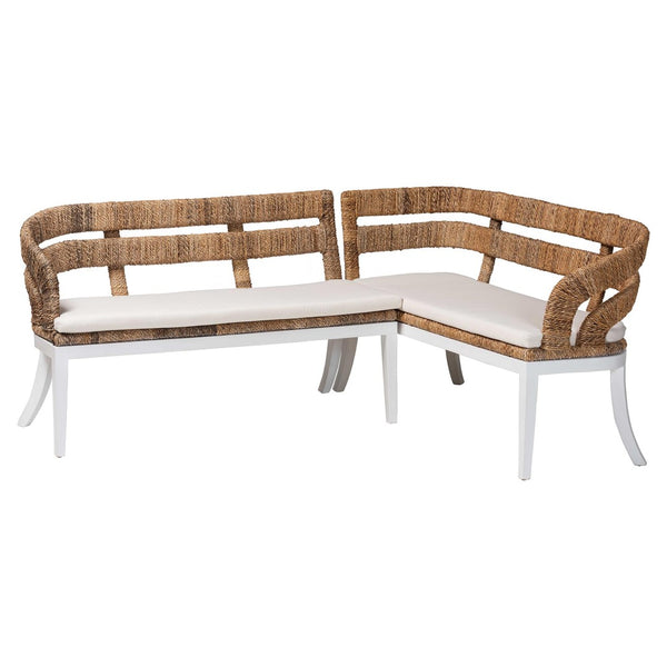 Baxton Studio bali Ubud Seagrass Dining Nook Set - Handcrafted Mahogany Corner Bench with Plush Cushions, 2-Piece Ubud-Natural Seagrass Rattan-2PC Bench Set