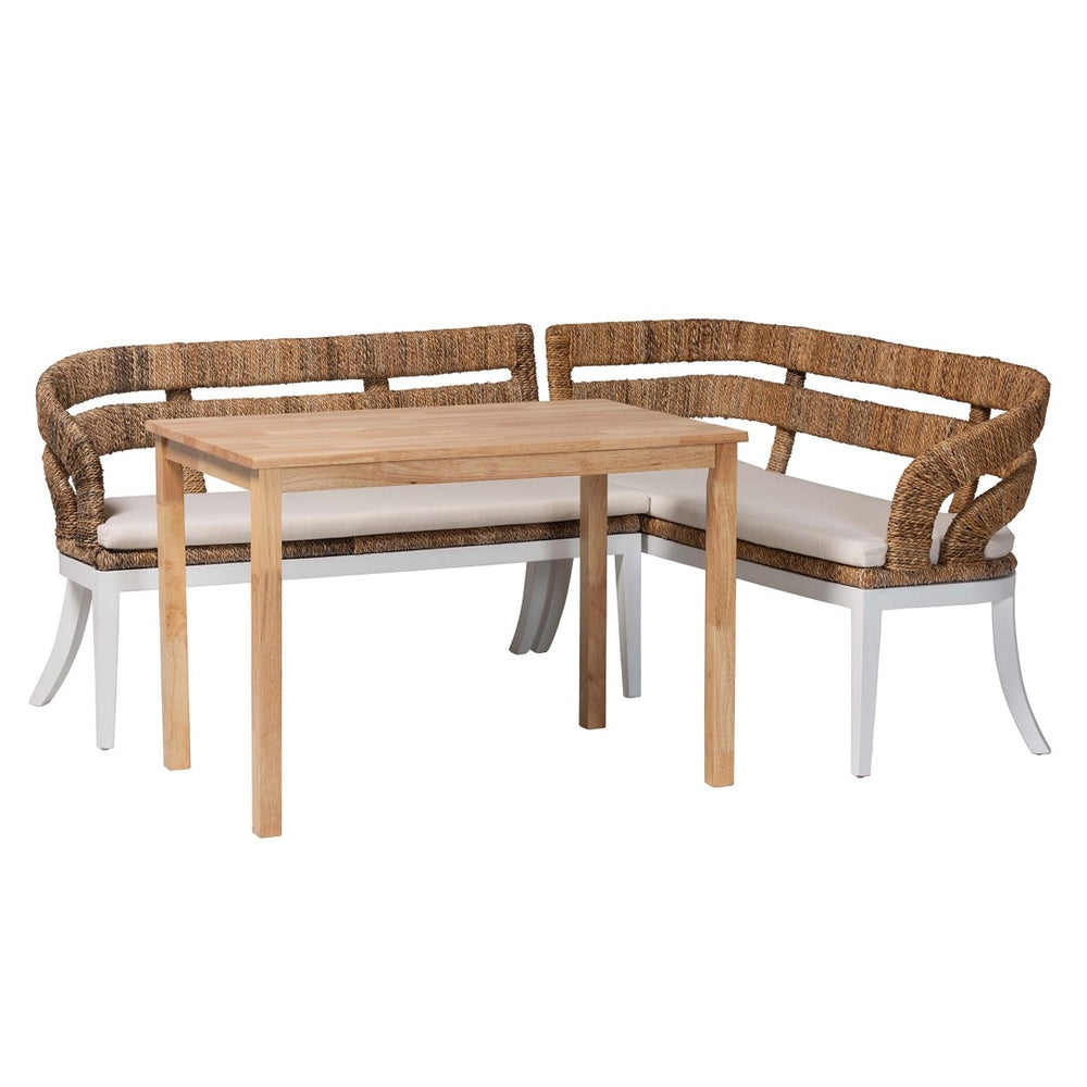 Baxton Studio bali Ubud Seagrass Dining Nook Set - Cozy 3-Piece Wood Table & Cushioned L-Shaped Bench for Any Space Ubud/RH7006-3PC Dining Set