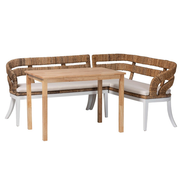 Baxton Studio bali Ubud Seagrass Dining Nook Set - Cozy 3-Piece Wood Table & Cushioned L-Shaped Bench for Any Space Ubud/RH7006-3PC Dining Set