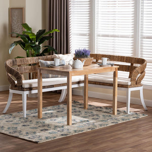 Baxton Studio bali Ubud Seagrass Dining Nook Set - Cozy 3-Piece Wood Table & Cushioned L-Shaped Bench for Any Space Ubud/RH7006-3PC Dining Set