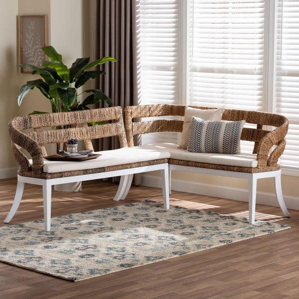 Baxton Studio bali Ubud Seagrass Dining Nook Set - Handcrafted Mahogany Corner Bench with Plush Cushions, 2-Piece Ubud-Natural Seagrass Rattan-2PC Bench Set