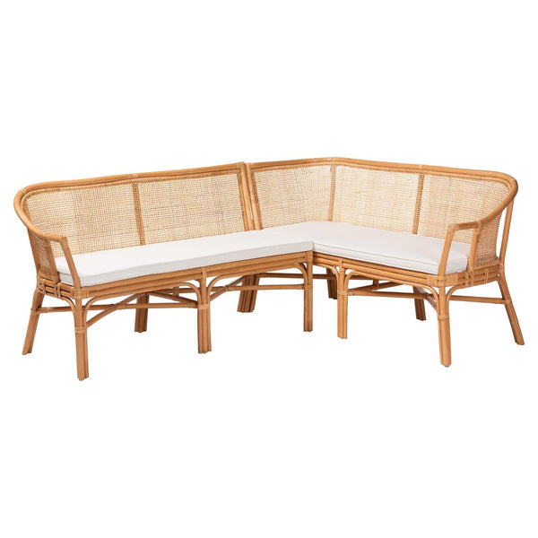 Baxton Studio bali Adede 2-Piece Handwoven Rattan Corner Bench Set - Boho Coastal L-Shaped Dining Nook Seating Adede-Light Honey Rattan-2PC Bench Set