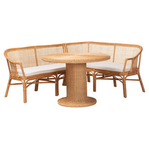 Baxton Studio bali Aara 3-Piece Handwoven Rattan Dining Nook Set - L-Shaped Bench & Round Table for Cozy Spaces Adele/Braided-3PC Dining Set
