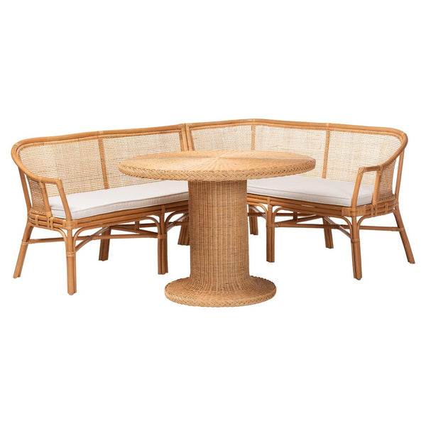 Baxton Studio bali Aara 3-Piece Handwoven Rattan Dining Nook Set - L-Shaped Bench & Round Table for Cozy Spaces Adele/Braided-3PC Dining Set