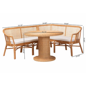 Baxton Studio bali Aara 3-Piece Handwoven Rattan Dining Nook Set - L-Shaped Bench & Round Table for Cozy Spaces Adele/Braided-3PC Dining Set