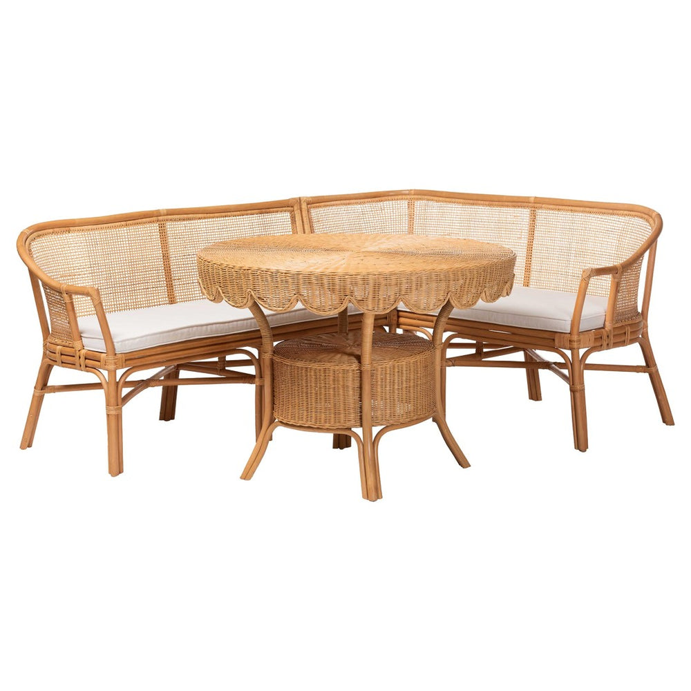 Baxton Studio bali Bali Ceona 3-Piece Natural Rattan Dining Nook Set with Cushions – Cozy L-Shaped Banquette & Table Adede/Palm Short-3PC Dining Set