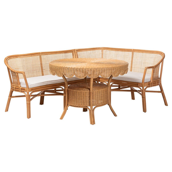 Baxton Studio bali Bali Ceona 3-Piece Natural Rattan Dining Nook Set with Cushions – Cozy L-Shaped Banquette & Table Adede/Palm Short-3PC Dining Set