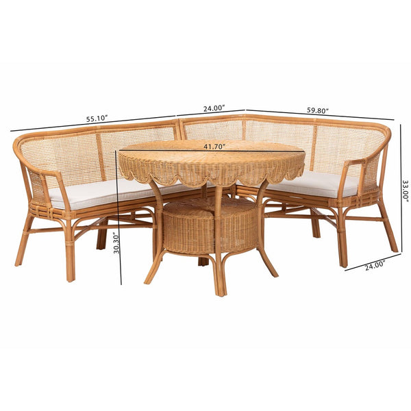 Baxton Studio bali Bali Ceona 3-Piece Natural Rattan Dining Nook Set with Cushions – Cozy L-Shaped Banquette & Table Adede/Palm Short-3PC Dining Set