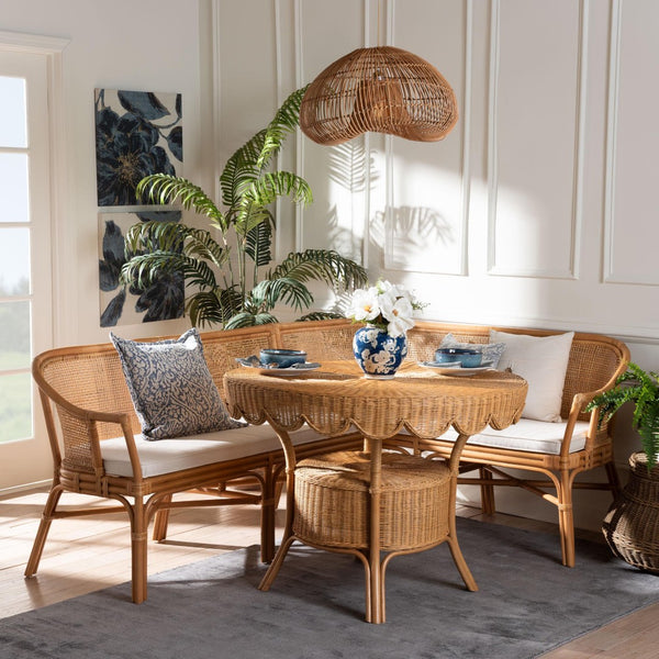 Baxton Studio bali Bali Ceona 3-Piece Natural Rattan Dining Nook Set with Cushions – Cozy L-Shaped Banquette & Table Adede/Palm Short-3PC Dining Set